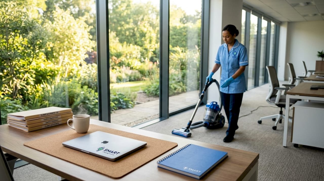 Cleaning staff vacuuming office floor