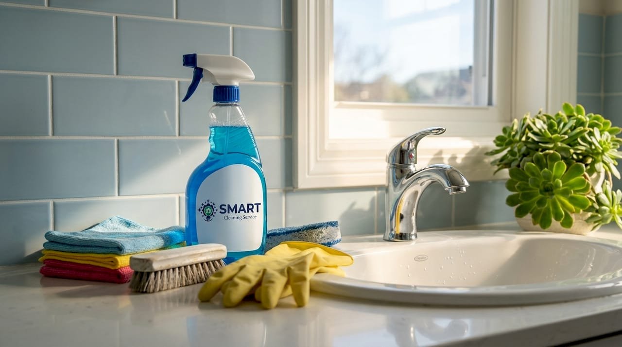 Bathroom cleaning tools arranged on countertop