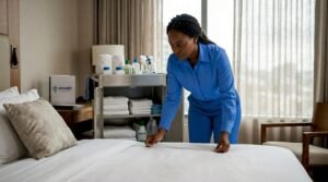 Housekeeper inspecting hotel room linens