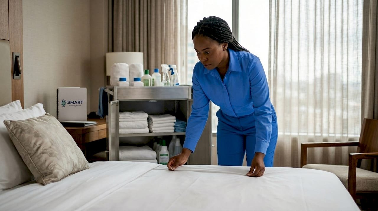 Housekeeper inspecting hotel room linens