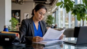 Property manager reviewing cleaning contract paperwork