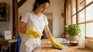 Woman cleaning kitchen with safe, natural products