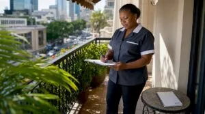 Hotel staff reviewing cleaning checklist in lobby