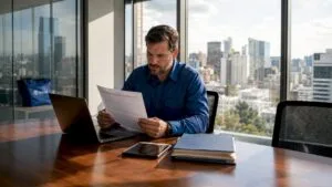 Manager reviewing cleaning service insurance certificate