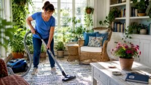 Woman vacuuming living room carpet