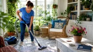Woman vacuuming living room carpet