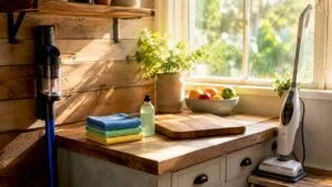 Essential cleaning tools on kitchen countertop