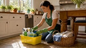 Cleaner organizing cleaning supplies in rental living room