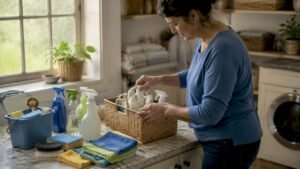 Woman organizing cleaning supplies in kitchen