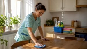 Professional cleaner cleaning living room