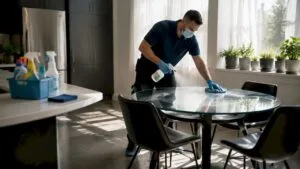 Technician disinfecting office conference table