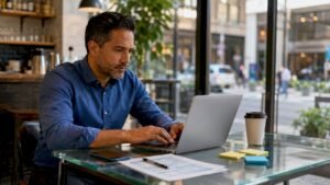 Property manager using laptop for cleaning automation