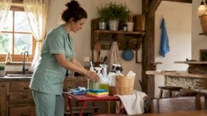 Cleaner preparing supplies in Airbnb living room