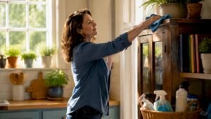 Woman dusting wooden shelf in living room