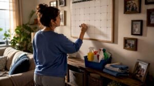 Woman marking cleaning schedule on calendar