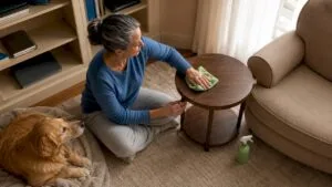 Pet owner cleaning living room with dog nearby