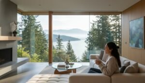 Woman sits on a light sofa in a modern living room, holding a mug, with a wide glass wall showing trees and a lake beyond.