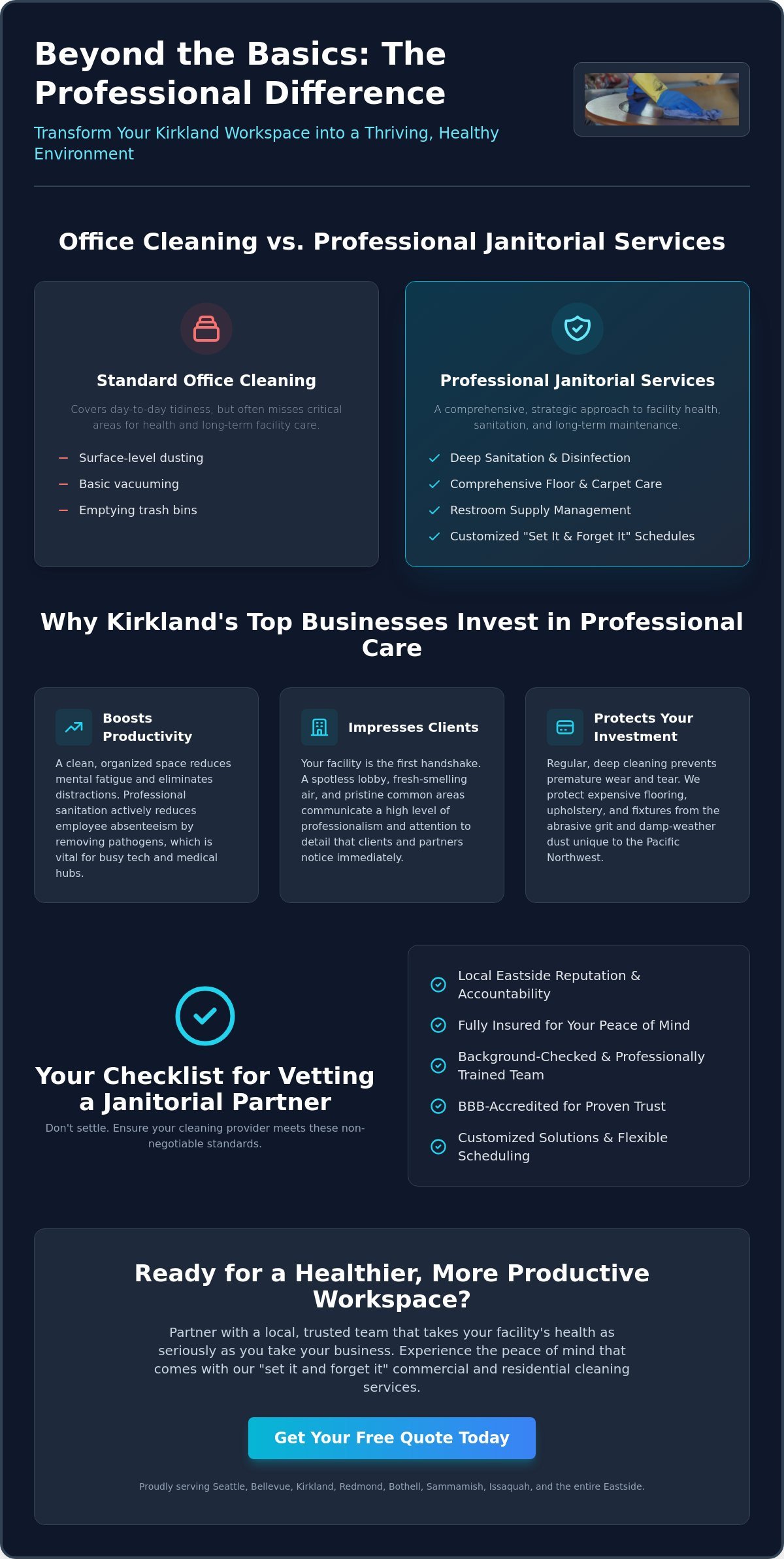Reliable Janitorial Services in Kirkland | Expert Cleaning - Infographic - Smart Cleaning Service Infographic-style dark navy page comparing Standard Office Cleaning vs. Professional Janitorial Services, with benefit cards, checklists, and a blue ‘Get Your Free Quote Today’ CTA at the bottom.