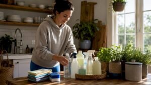 Woman organizing cleaning supplies on kitchen counter