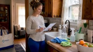 Host reviewing Airbnb cleaning checklist in living room