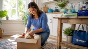 Woman decluttering living room for spring cleaning