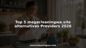 Woman comparing cleaning service options at kitchen island