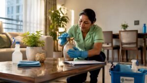 Cleaner wiping kitchen countertop in rental unit