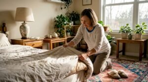 Woman removing bedding for dust mite cleaning